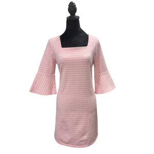 Skies Are Blue Dress Size M Pink Striped Bell Sleeve square neck knee length